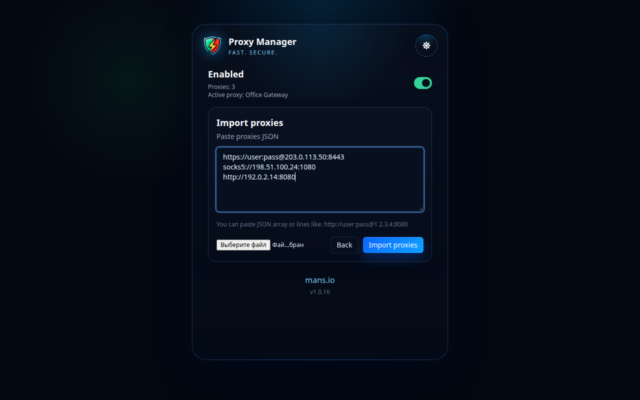 Obrazovka importu správce proxy