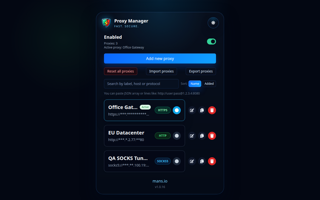 Seznam profilů správce proxy